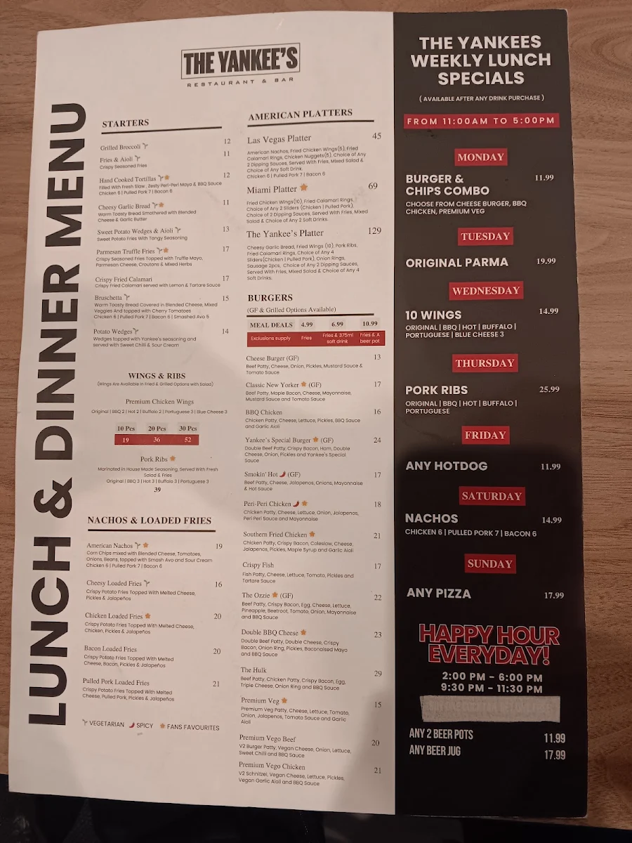 Menu, The Yankee's Restaurant & Bar - Melbourne CBD