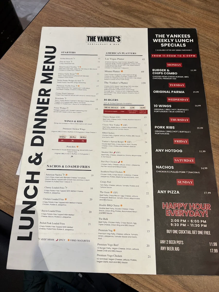 Menu, The Yankee's Restaurant & Bar - Melbourne CBD