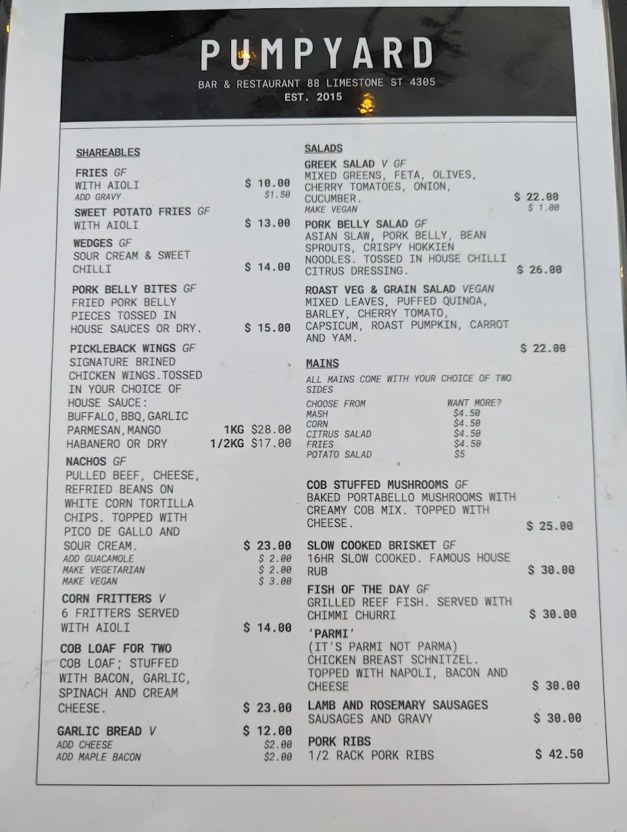 Menu, Pumpyard Bar & Brewery (now Stony Creek Brewing)