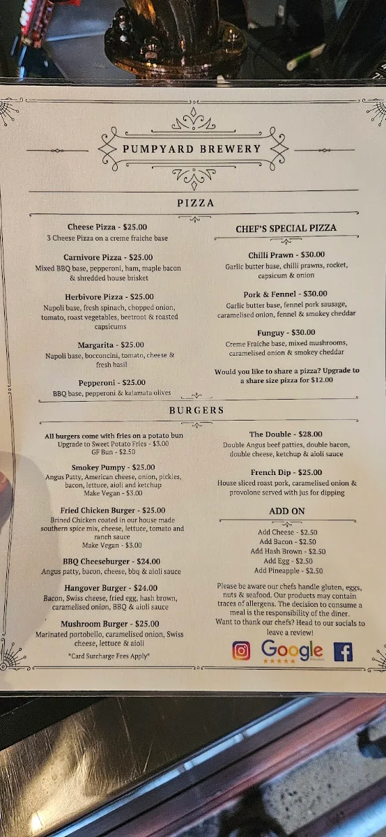 Menu, Pumpyard Bar & Brewery (now Stony Creek Brewing)