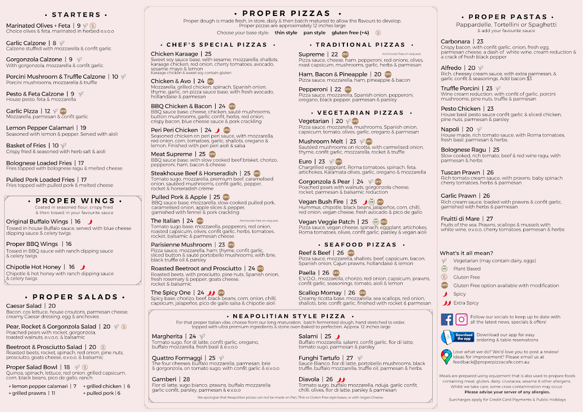 Menu, Proper Pizza Cafe and Bar Victoria Point