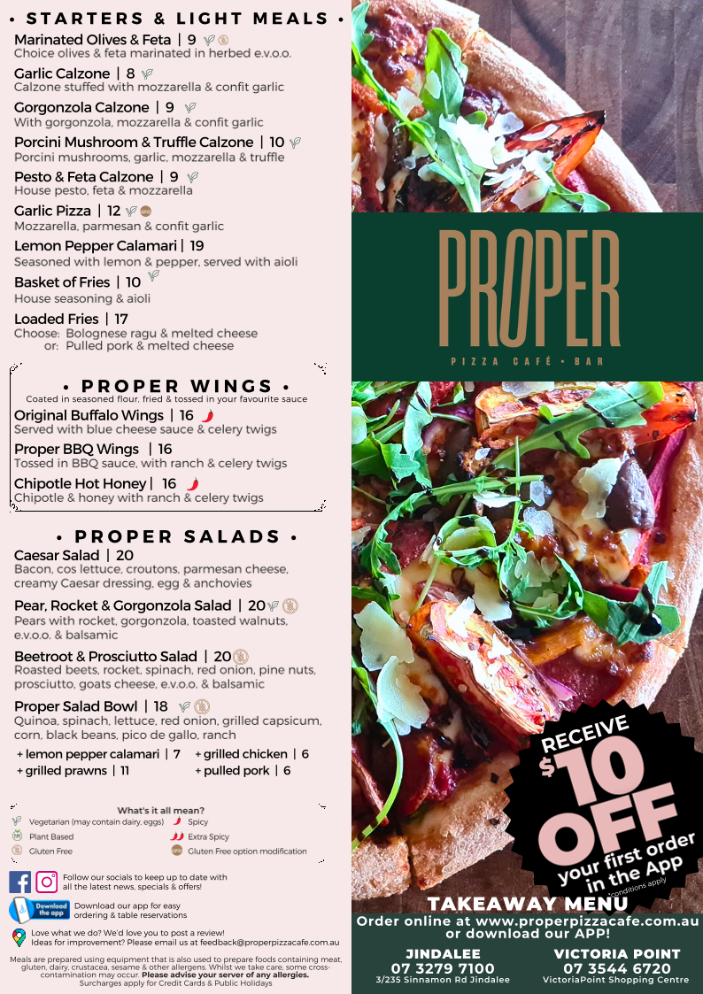 Menu, Proper Pizza Cafe and Bar Victoria Point