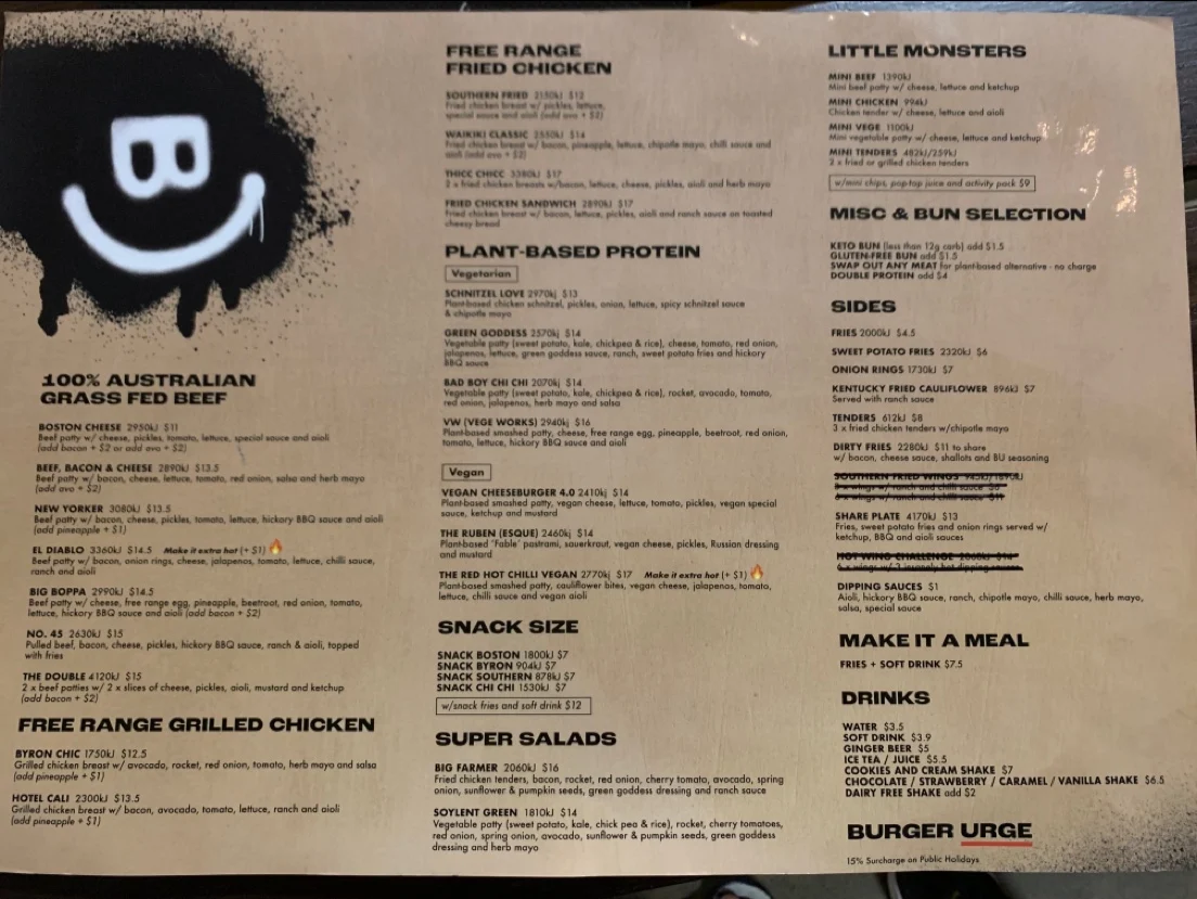 Menu, Burger Urge (Toowoomba)