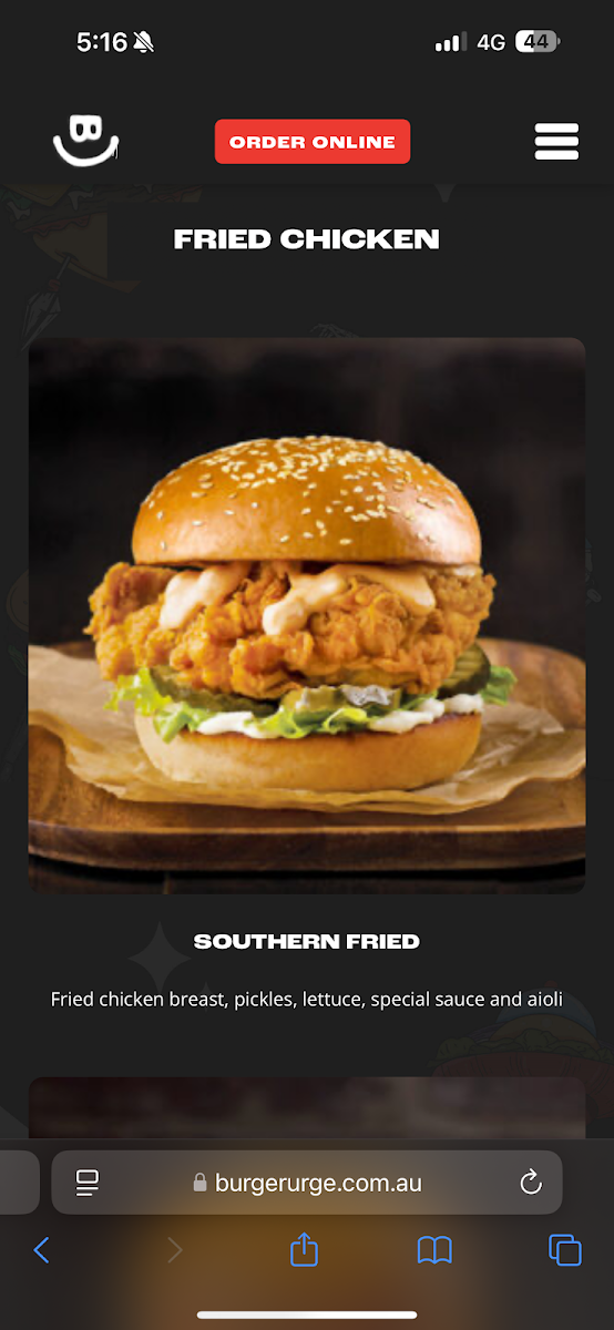 Menu, Burger Urge (Toowoomba)