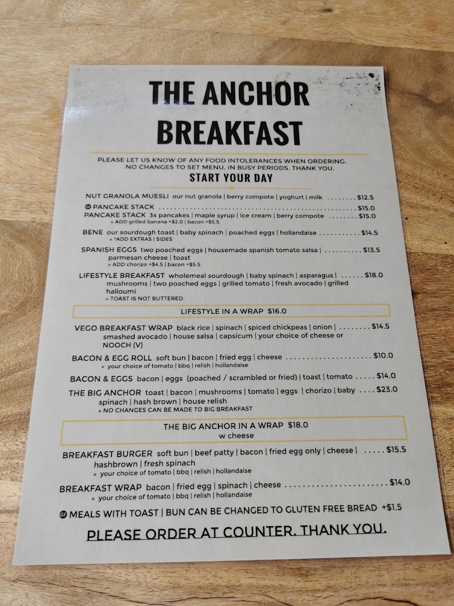 Menu, The Anchor Lakes Beach