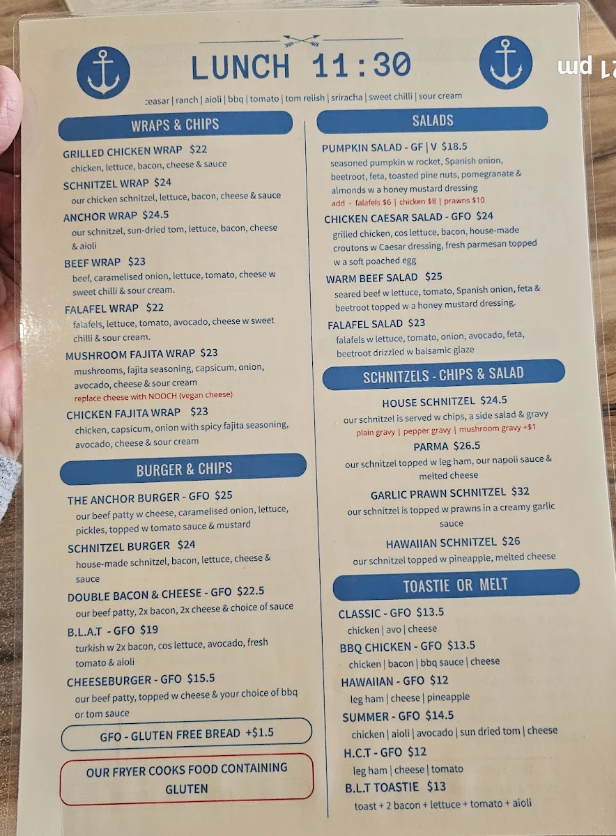 Menu, The Anchor Lakes Beach