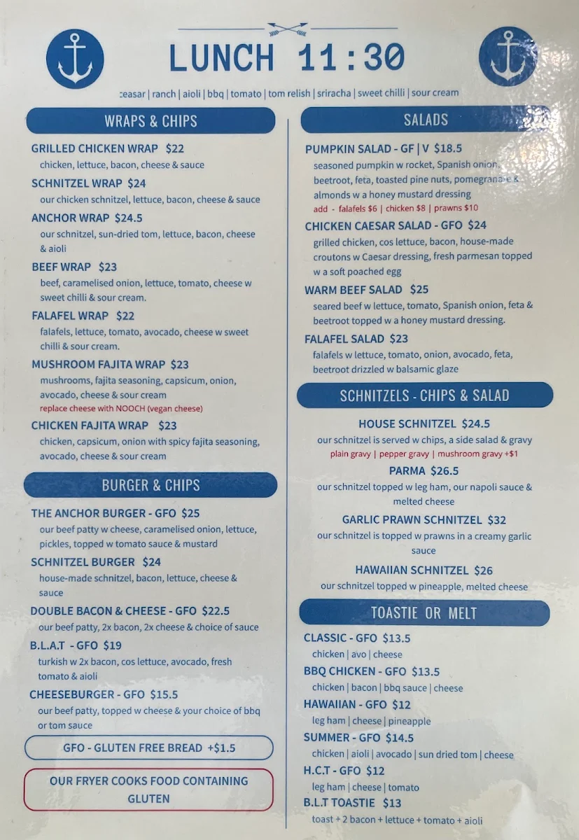 Menu, The Anchor Lakes Beach