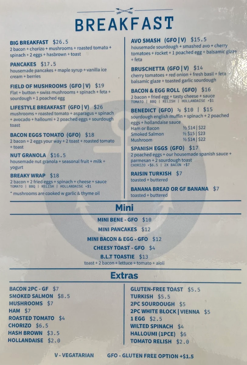 Menu, The Anchor Lakes Beach