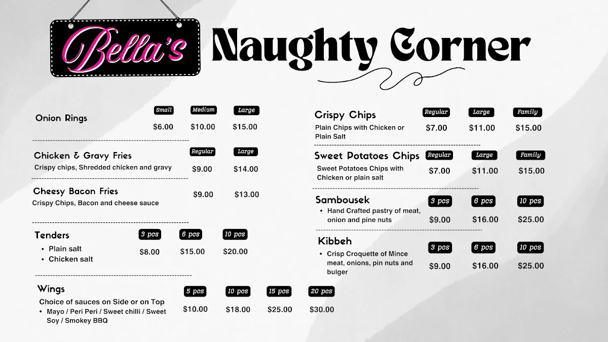 Menu, Bella's Chargrill Chicken