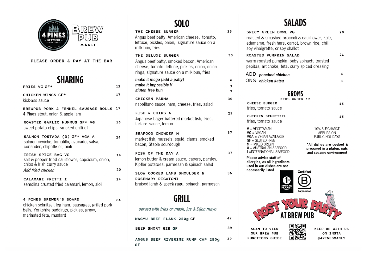 Menu, 4 Pines Brew Pub Manly
