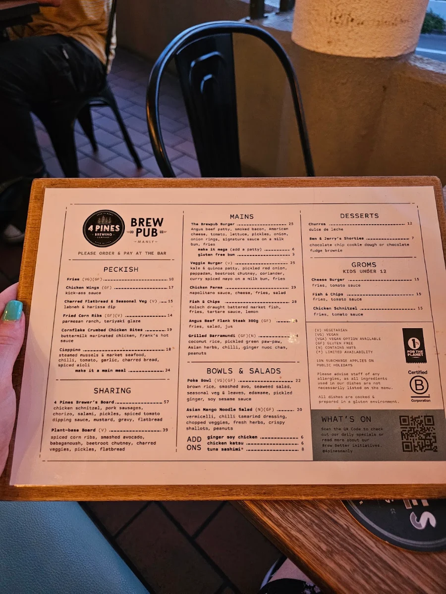 Menu, 4 Pines Brew Pub Manly