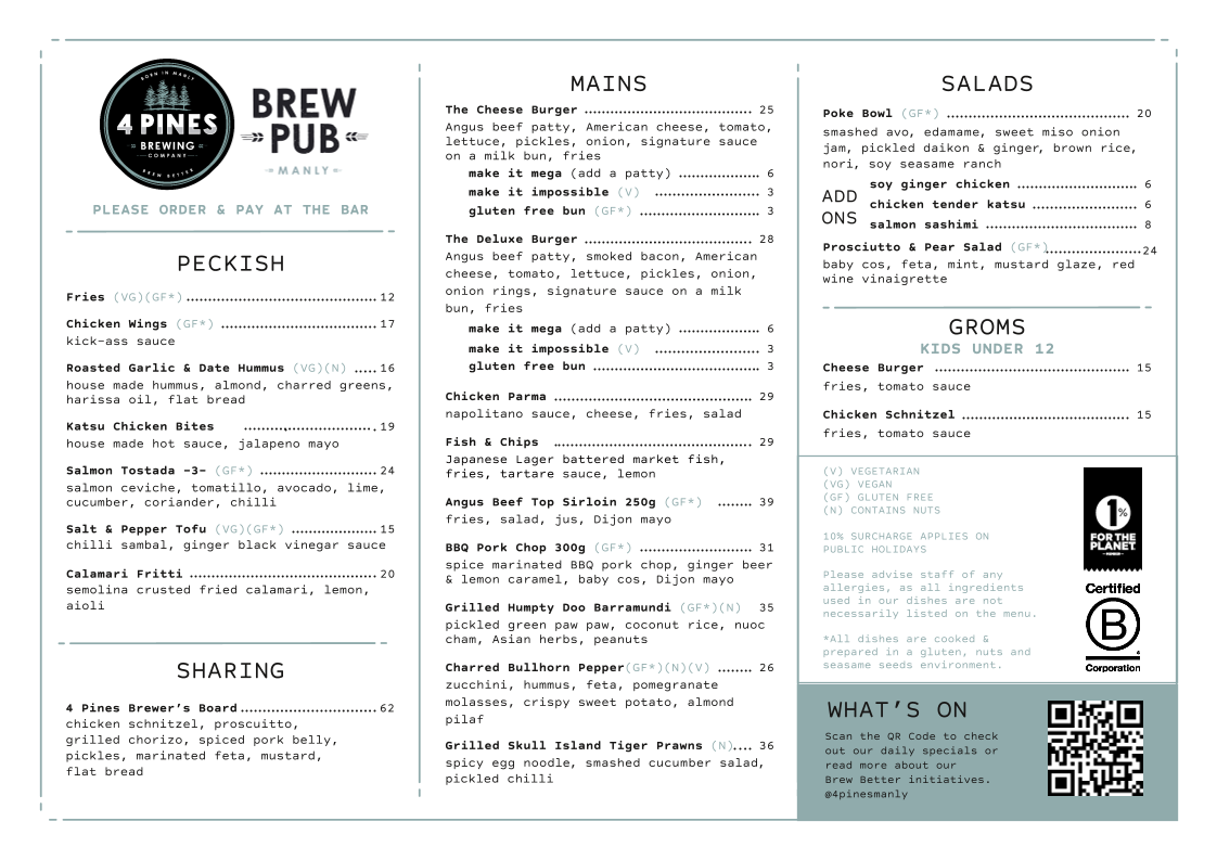 Menu, 4 Pines Brew Pub Manly