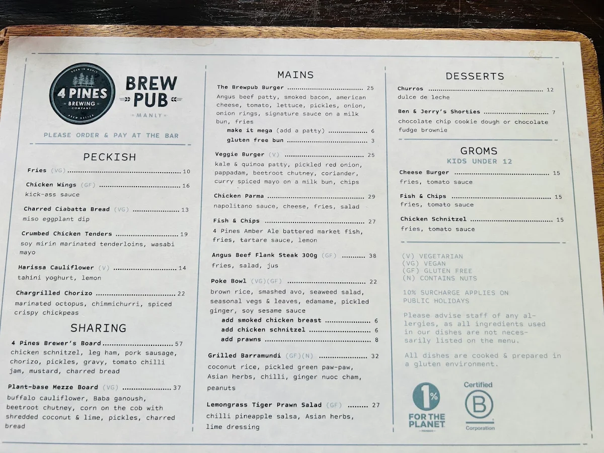Menu, 4 Pines Brew Pub Manly