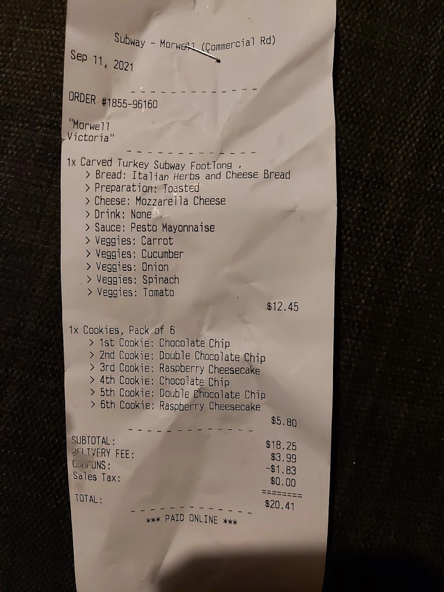 Menu, Subway