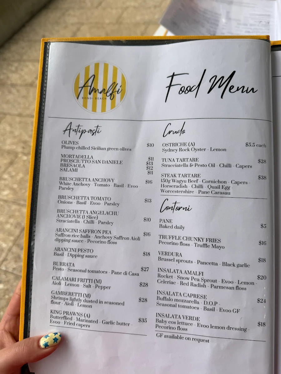 Menu, Amalfi Bondi Beach