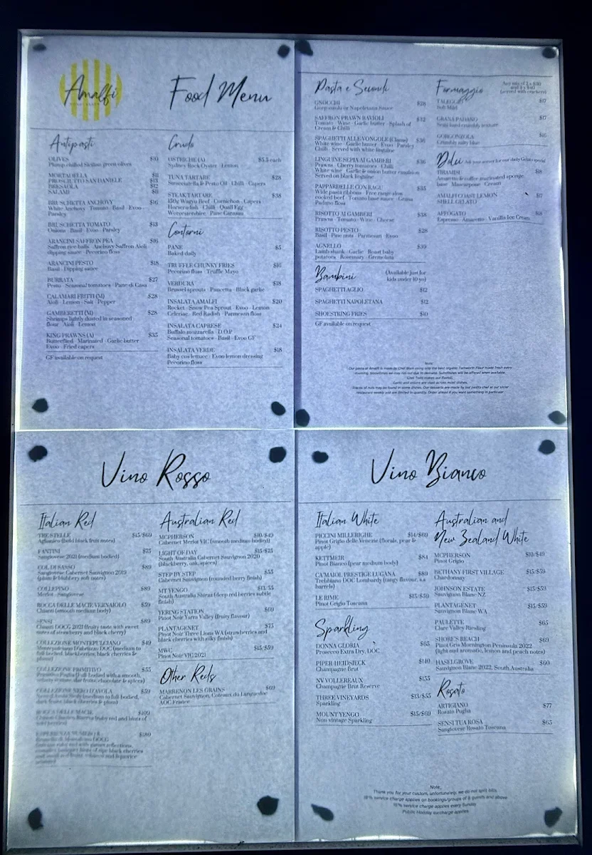 Menu, Amalfi Bondi Beach