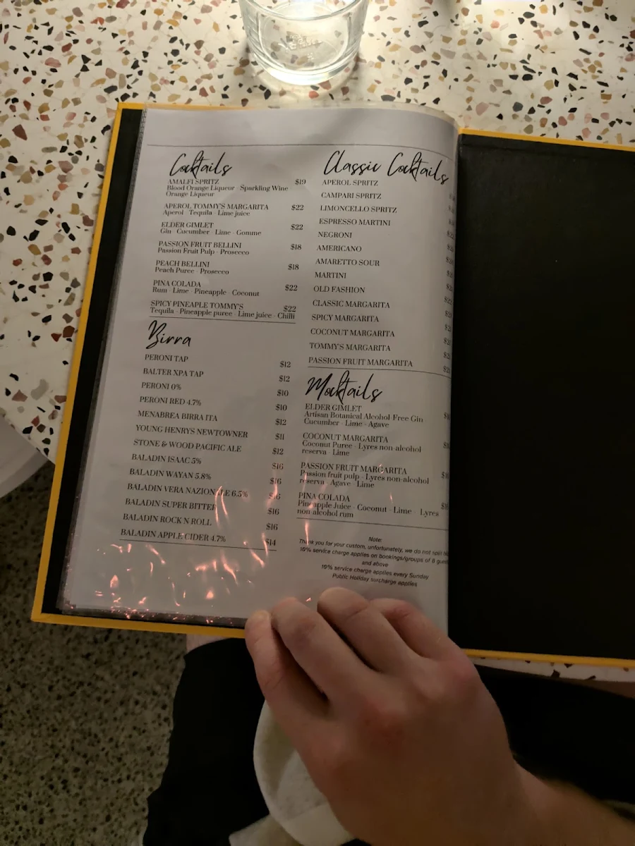 Menu, Amalfi Bondi Beach