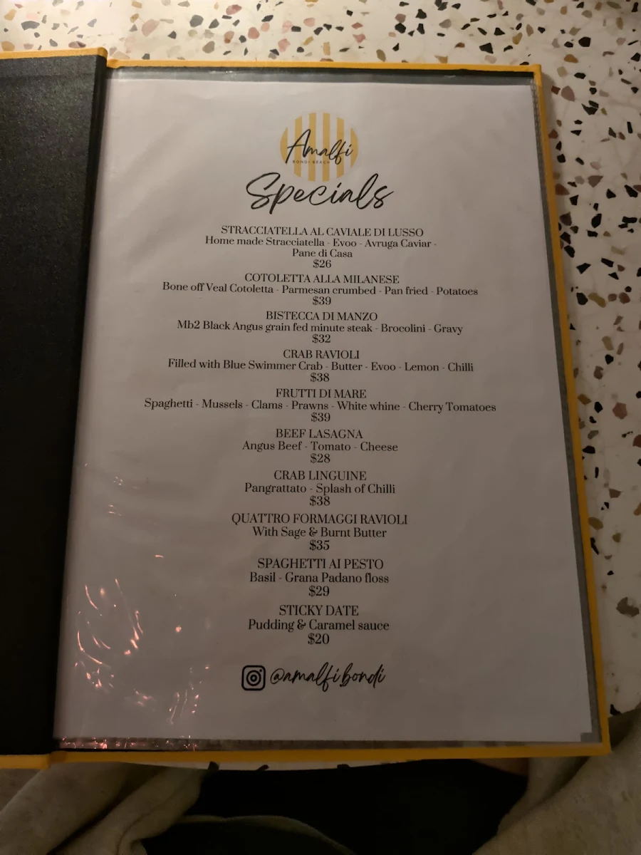 Menu, Amalfi Bondi Beach