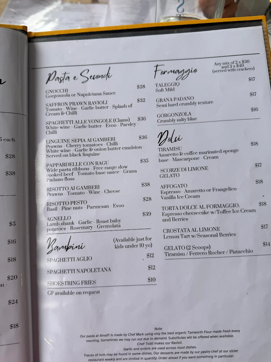 Menu, Amalfi Bondi Beach