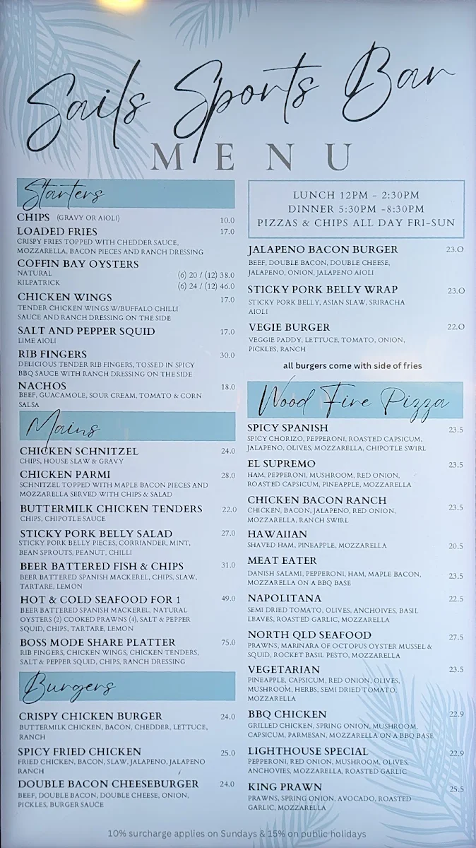 Menu, Sails Sports Bar