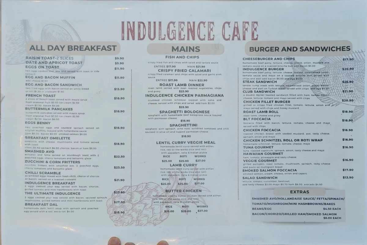 Menu, Indulgence Cafe