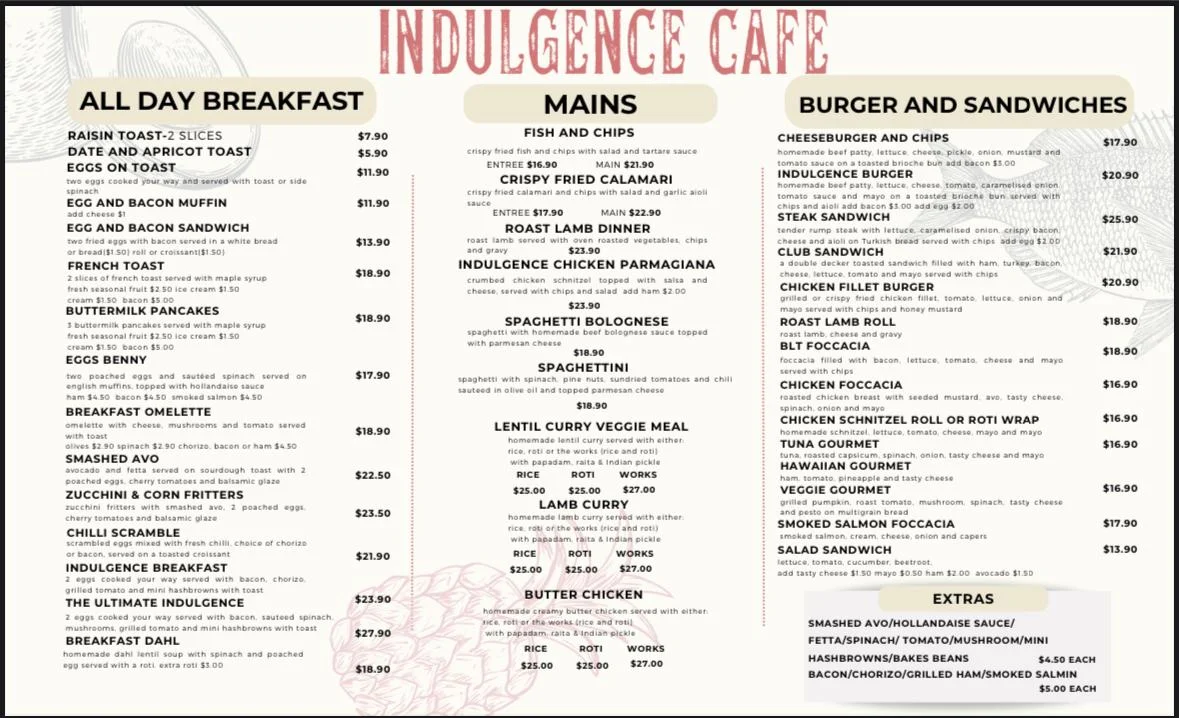 Menu, Indulgence Cafe