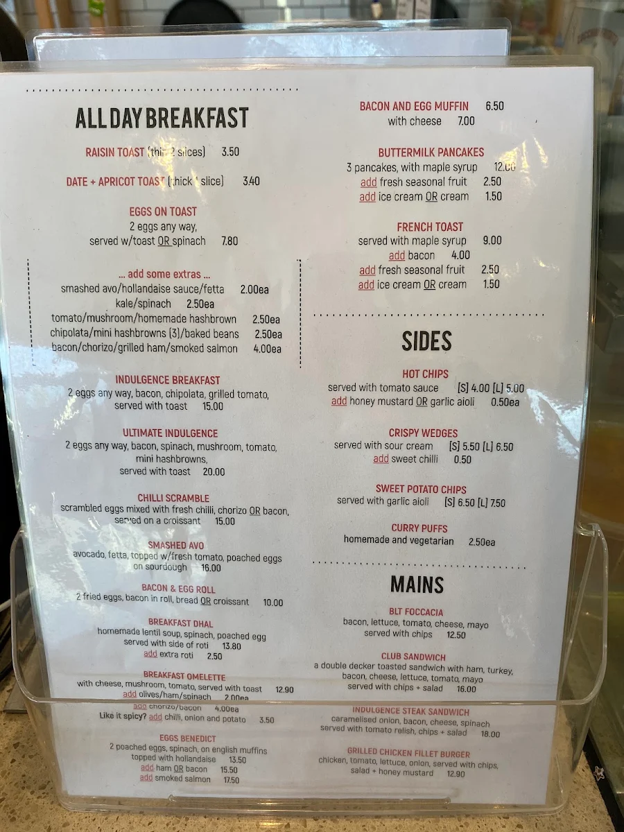 Menu, Indulgence Cafe