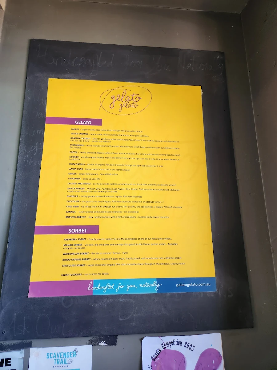 Menu, Gelato Gelato