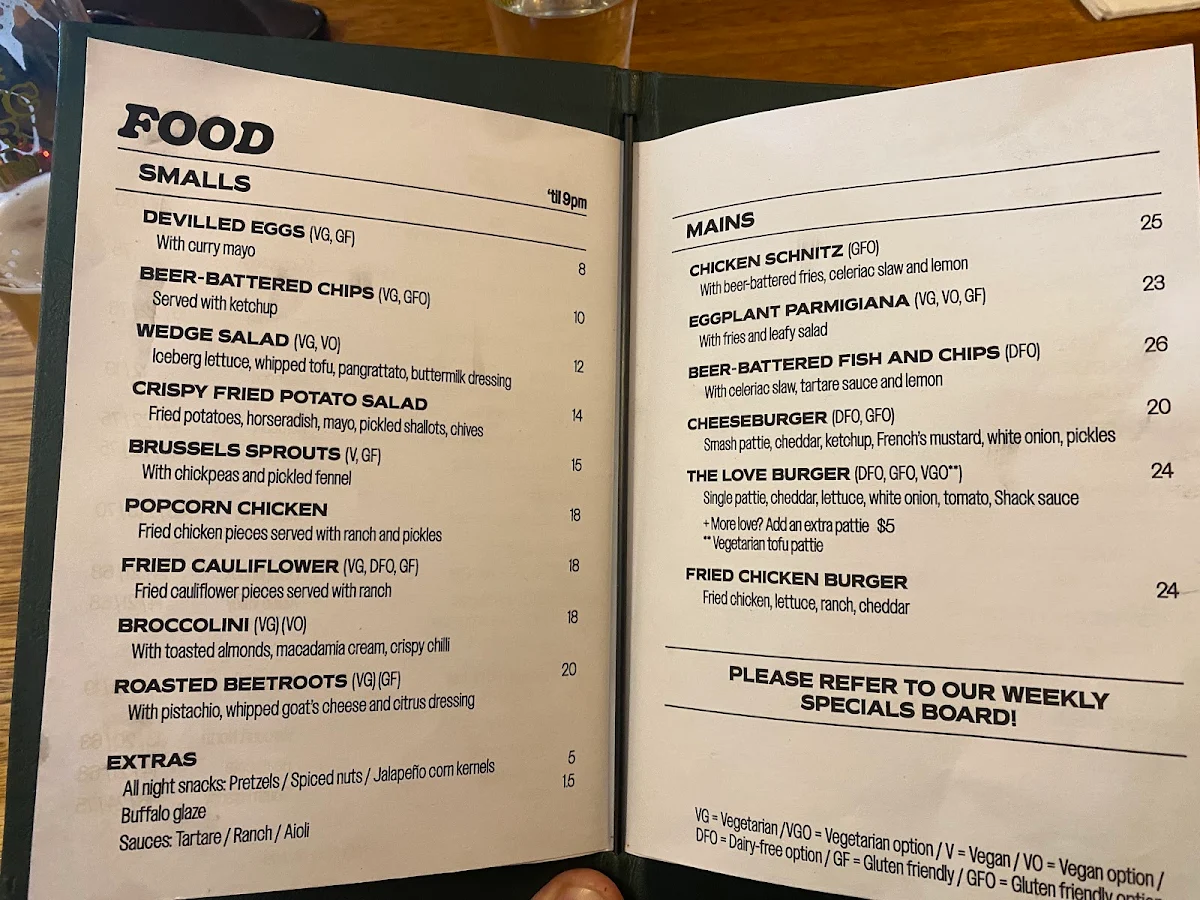 Menu, Love Shack Brewing Co