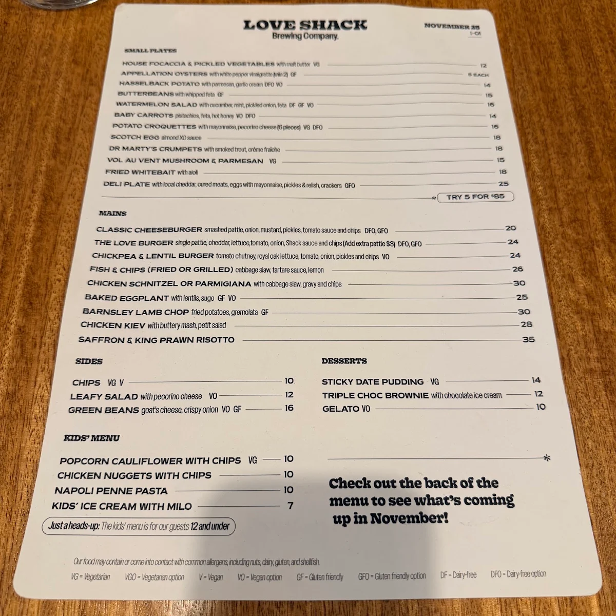 Menu, Love Shack Brewing Co