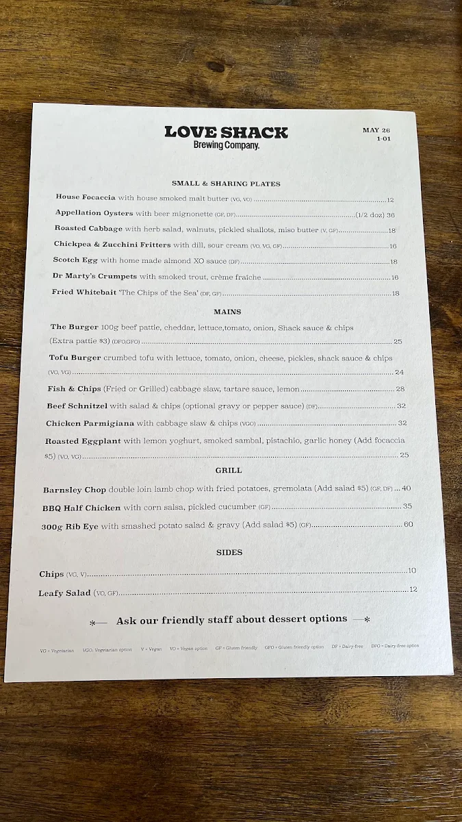 Menu, Love Shack Brewing Co