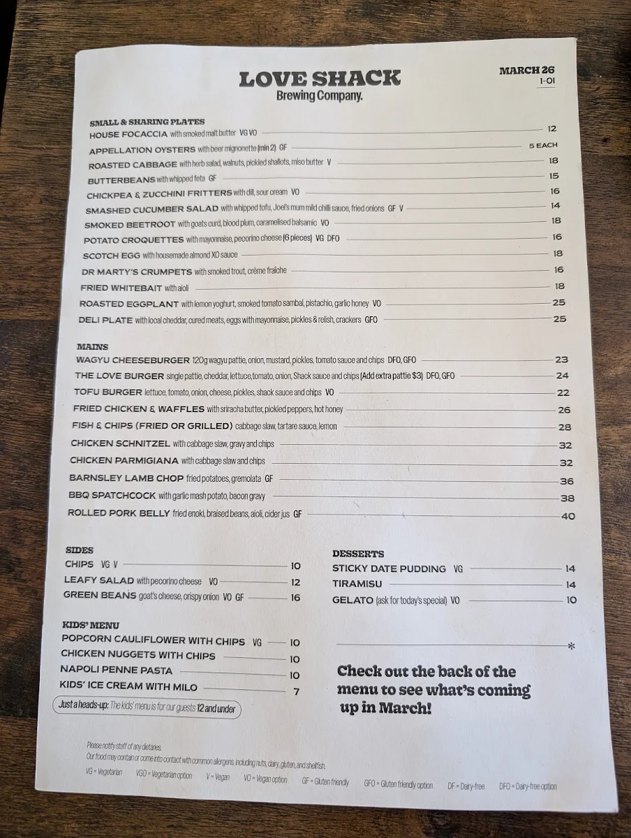 Menu, Love Shack Brewing Co