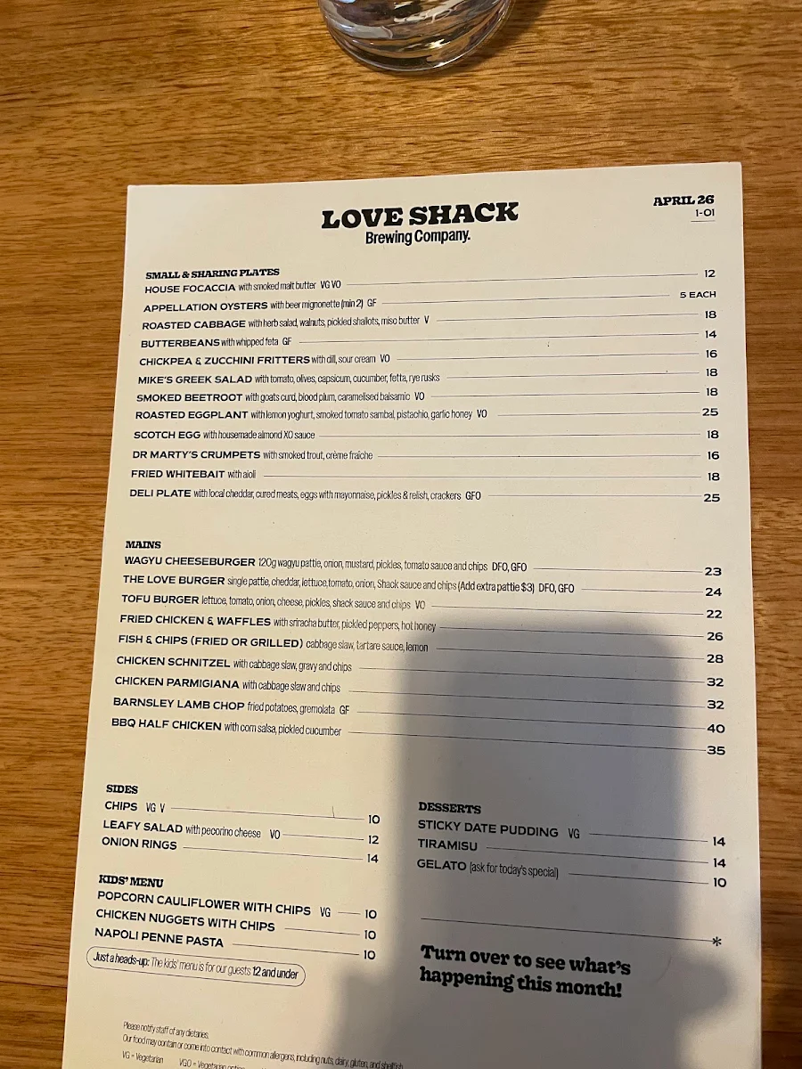 Menu, Love Shack Brewing Co