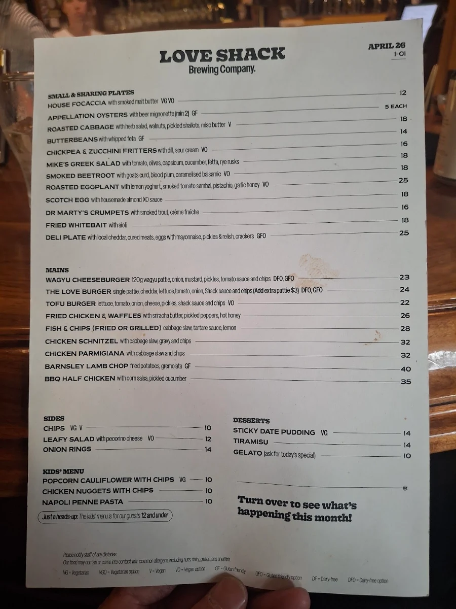 Menu, Love Shack Brewing Co