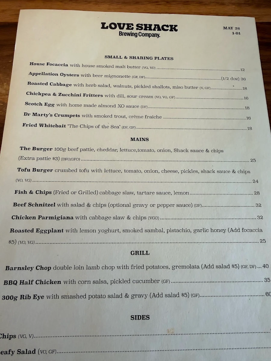 Menu, Love Shack Brewing Co