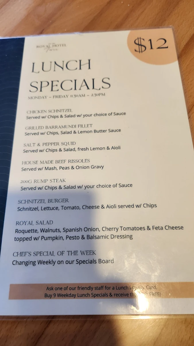 Menu, Royal Hotel Taree