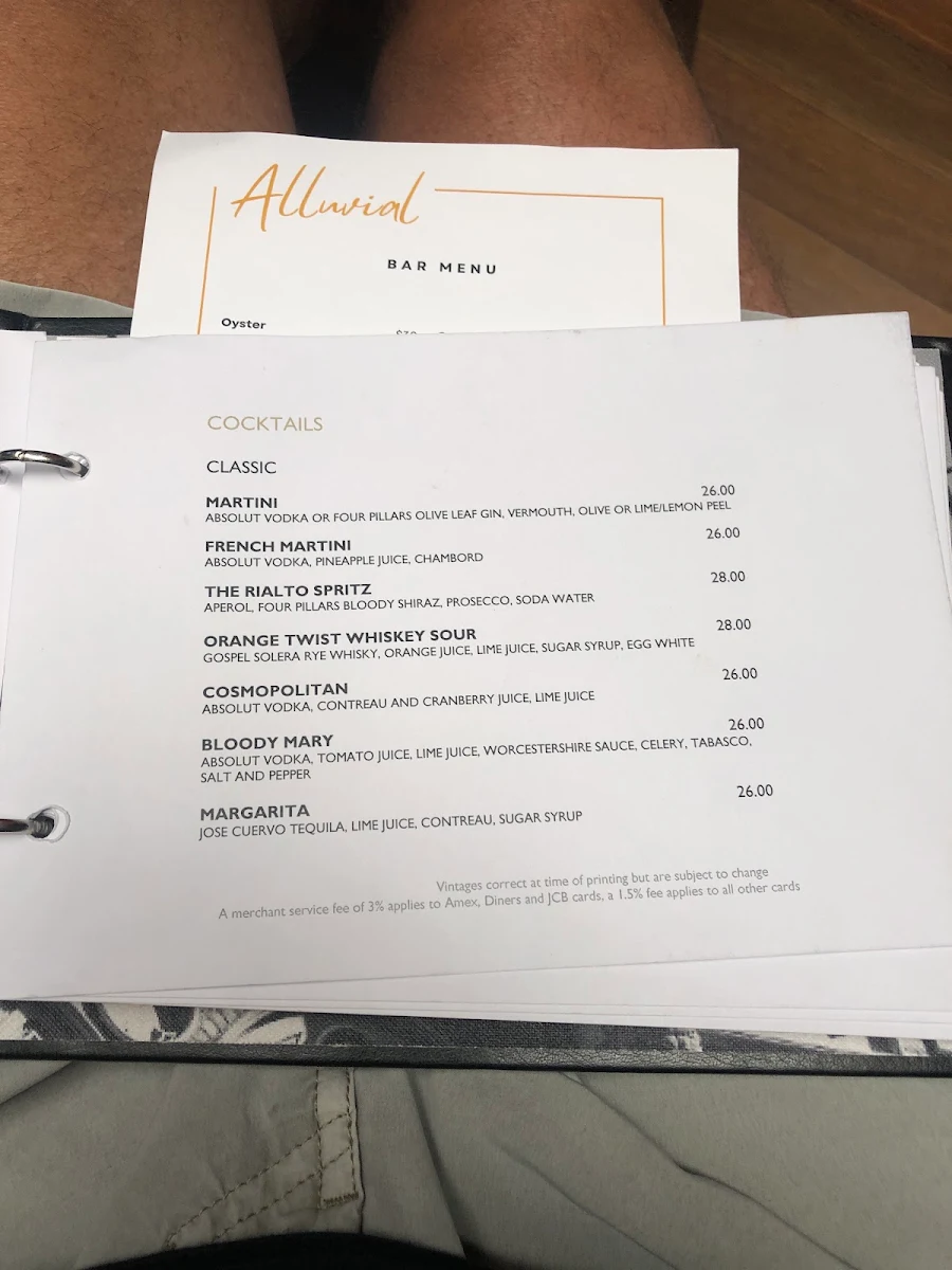 Menu, Alluvial Restaurant
