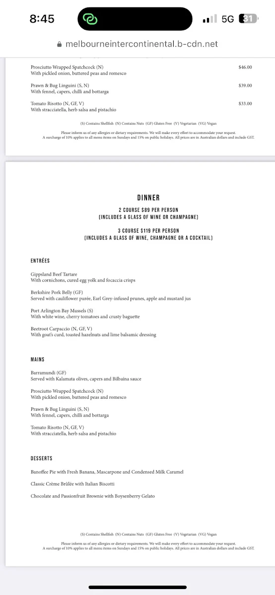 Menu, Alluvial Restaurant