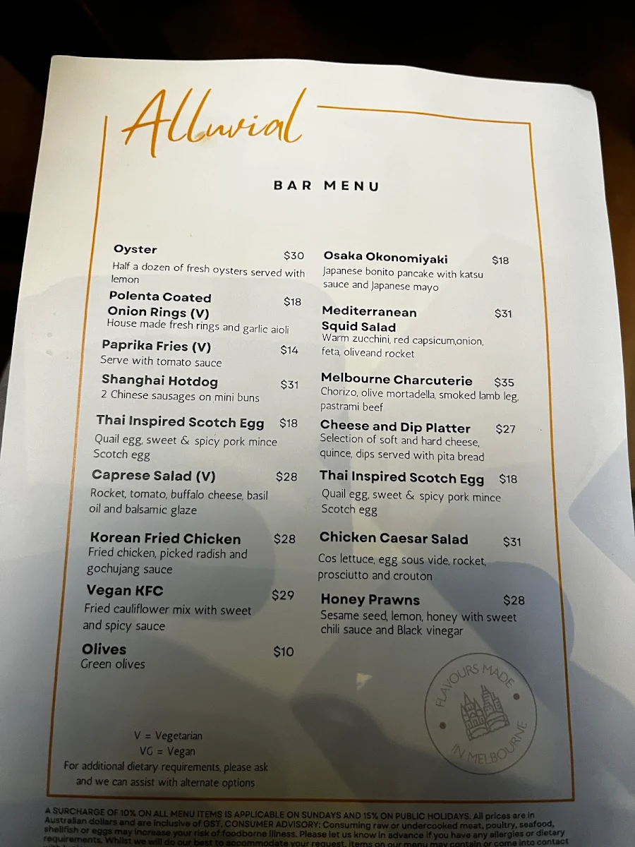 Menu, Alluvial Restaurant