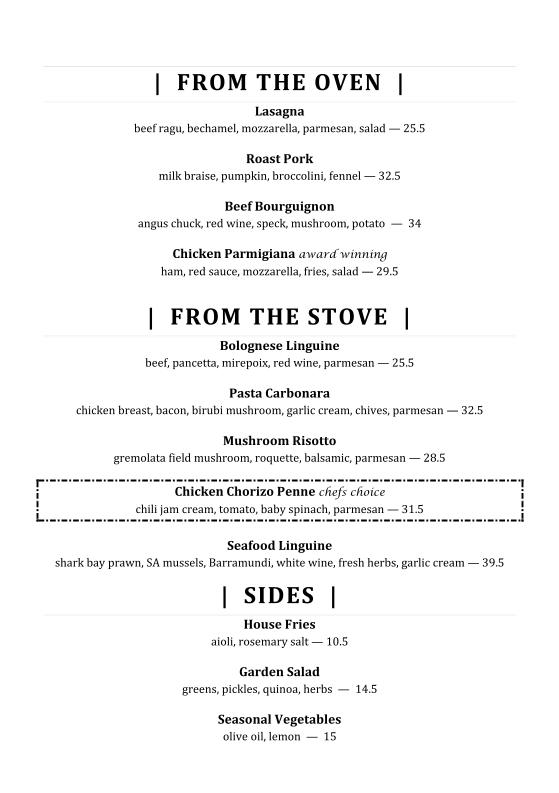 Menu, Al Forno