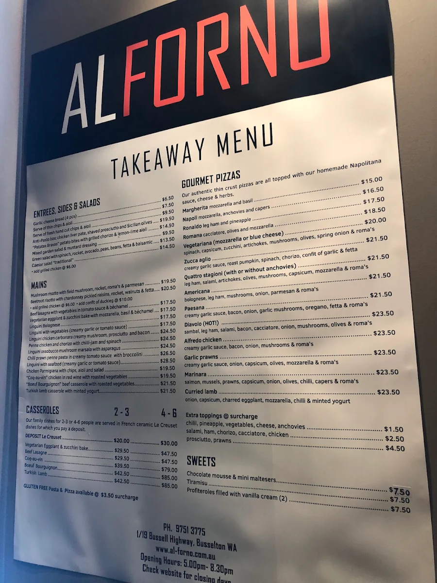 Menu, Al Forno