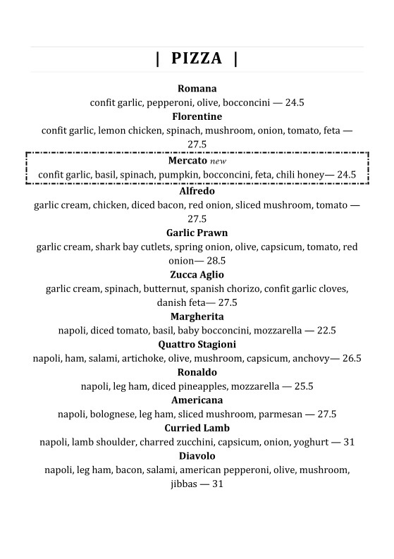 Menu, Al Forno