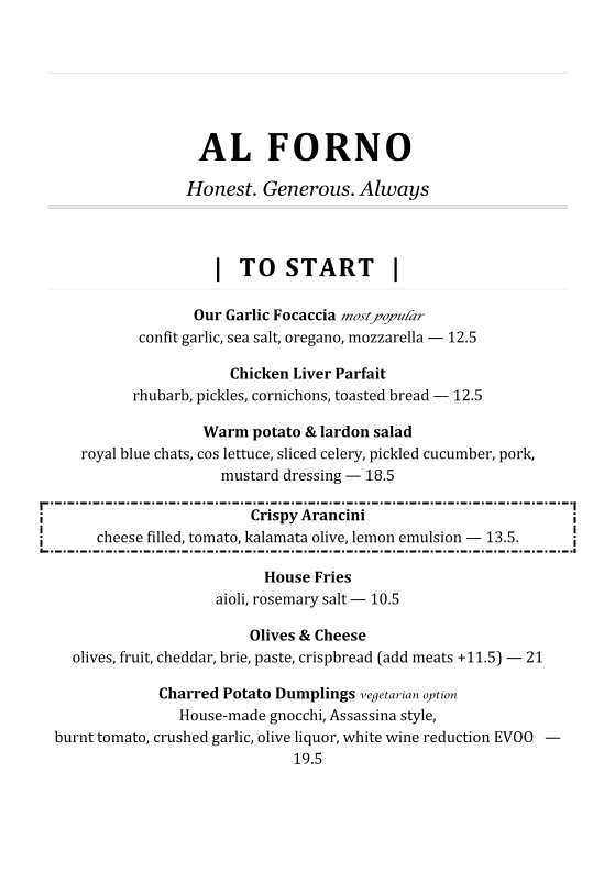 Menu, Al Forno