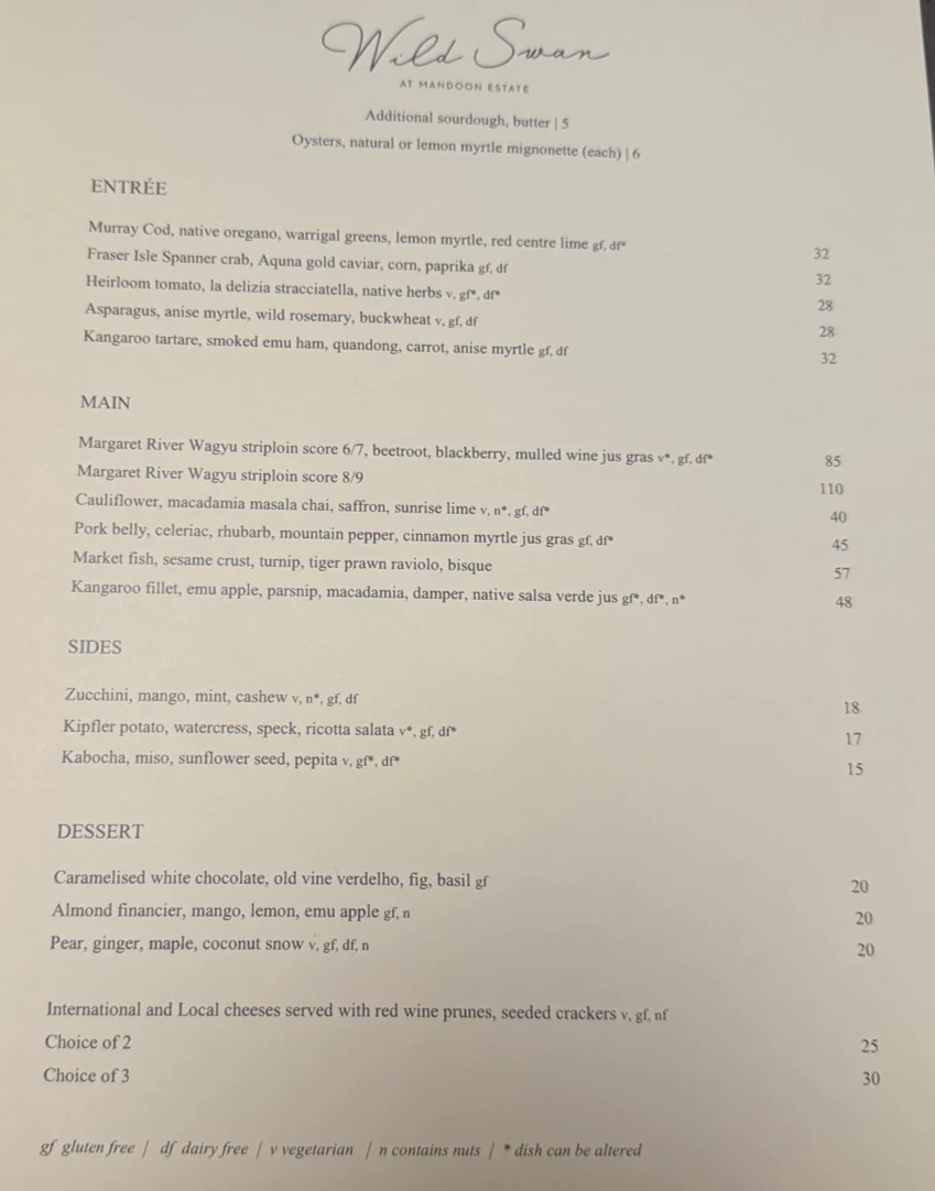 Menu, Wild Swan at Mandoon Estate