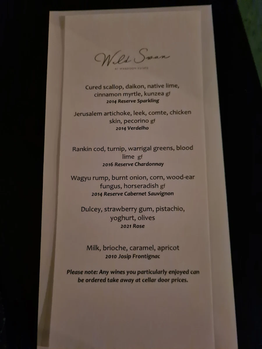Menu, Wild Swan at Mandoon Estate