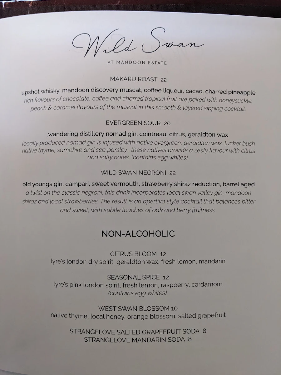 Menu, Wild Swan at Mandoon Estate