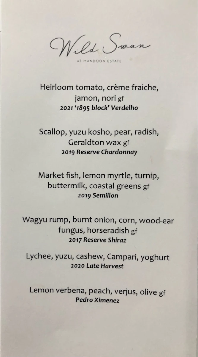 Menu, Wild Swan at Mandoon Estate