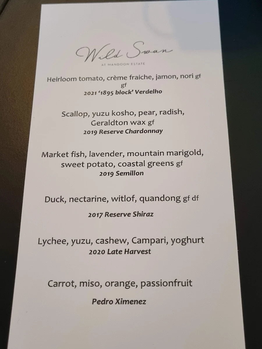Menu, Wild Swan at Mandoon Estate
