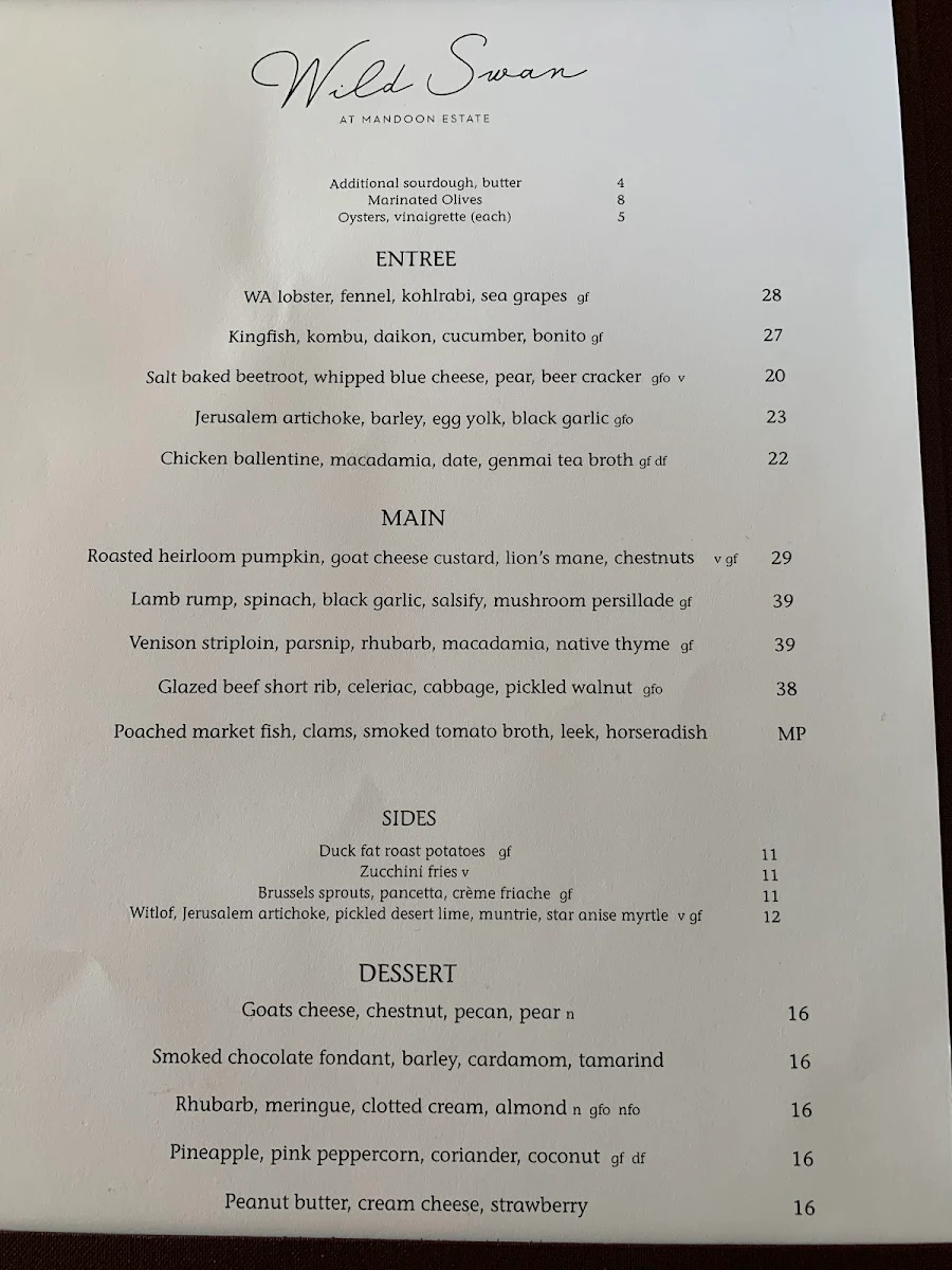 Menu, Wild Swan at Mandoon Estate