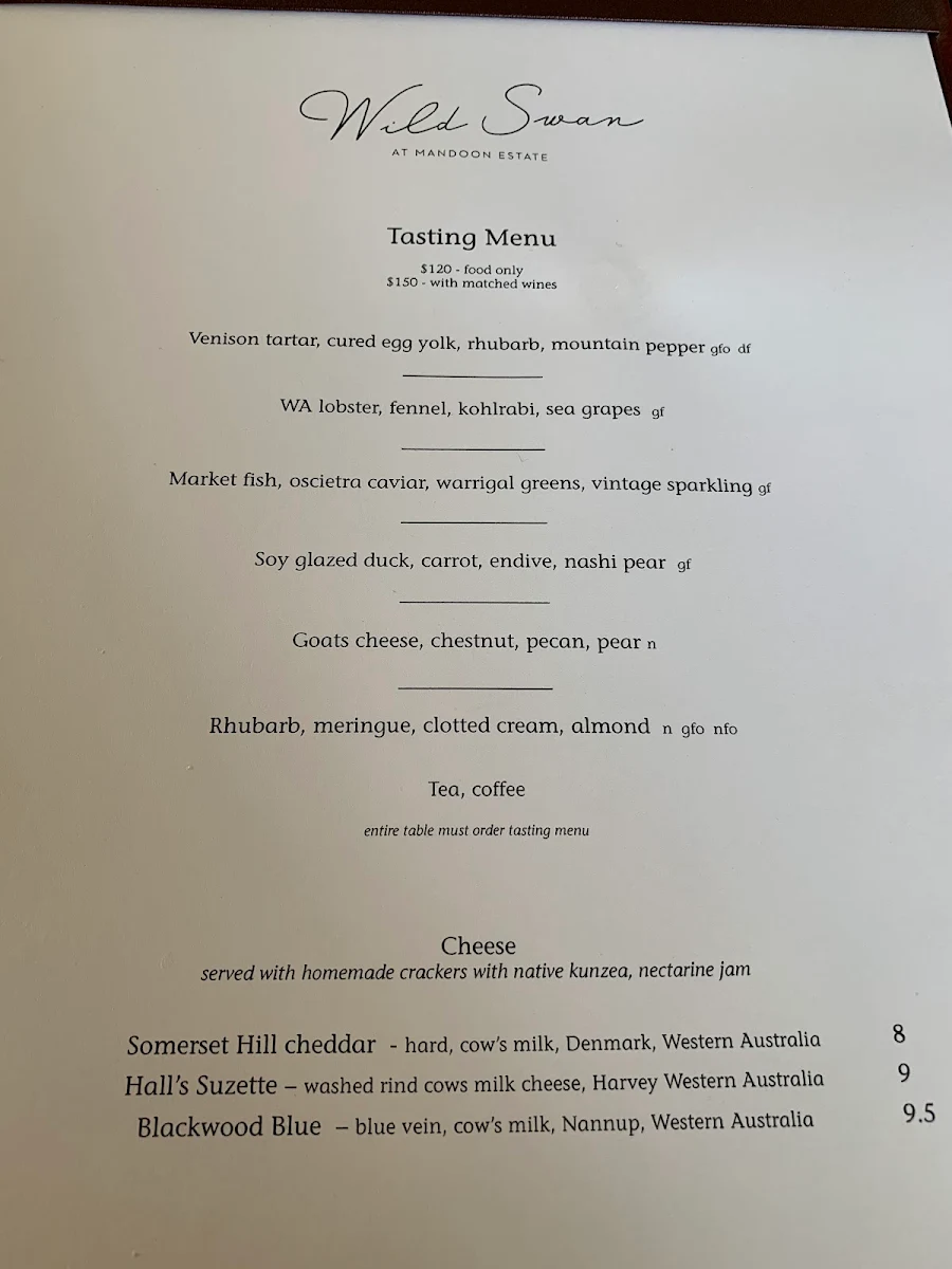 Menu, Wild Swan at Mandoon Estate
